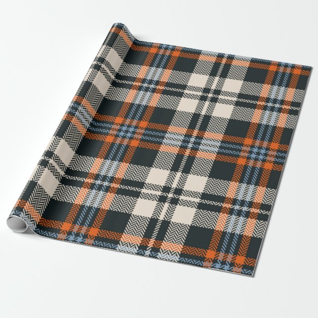 Tartan plaid pattern autumn in black, orange, blue wrapping paper (Unrolled)