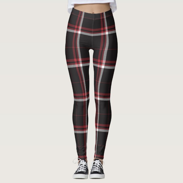 Tartan Plaid Pattern Red Black White Striped Leggings (Front)