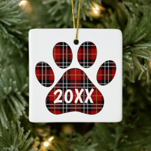 Tartan Plaid Pawprint   Ceramic Ornament