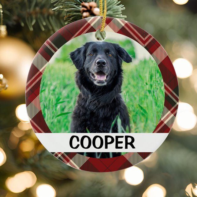 Tartan Plaid Personalised Dog Photo With Name  Ceramic Tree Decoration (Tartan plaid ceramic ornament)