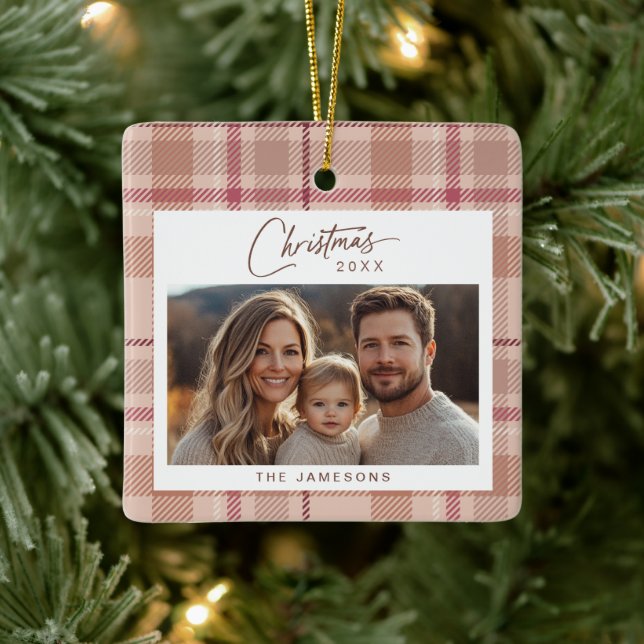 Tartan Plaid Photo Christmas Ceramic Ornament (Tree)