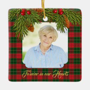 Tartan Plaid Pine Boughs Memorial Photo Christmas Ceramic Ornament