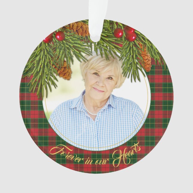 Tartan Plaid Pine Memorial Photo Christmas Acrylic Ornament (Front)