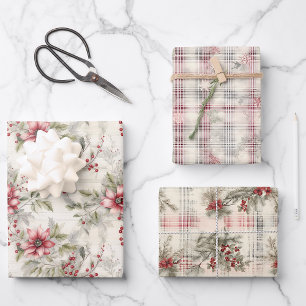 Tartan Plaid Poinsettia Berries Christmas Wrapping Paper Sheet