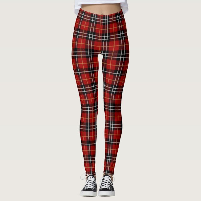 Tartan Plaid Red, Black, White, & Gold Christmas Leggings (Front)