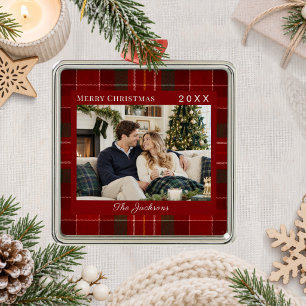 Tartan Plaid Red Green Photo Christmas Metal Tree Decoration