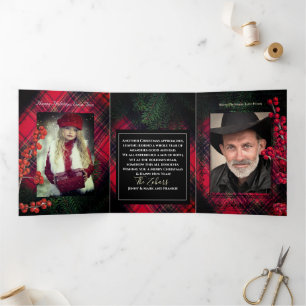Tartan Plaid Red Personalised White Script Tri-Fold Holiday Card