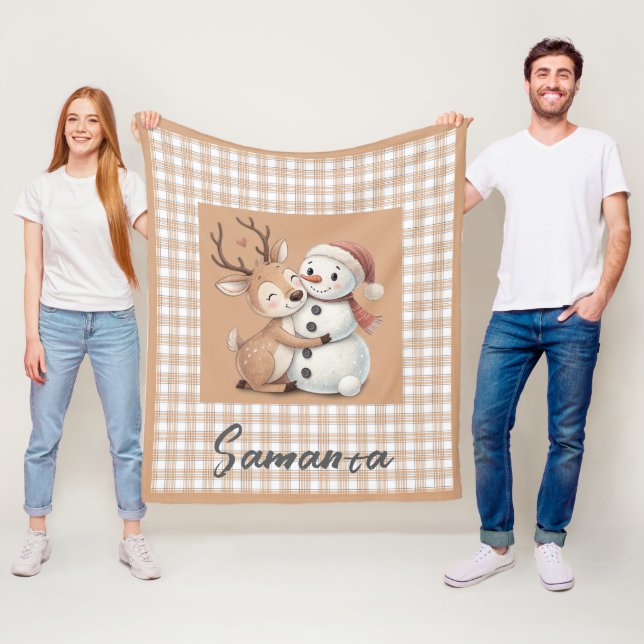Tartan plaid reindeer snowman  beige name fleece blanket (In Situ)