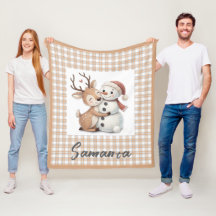 Tartan plaid reindeer snowman beige white name