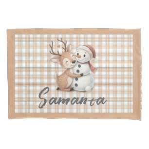 Tartan plaid reindeer snowman  beige white name pillowcase