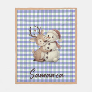 Tartan plaid reindeer snowman blue beige name fleece blanket