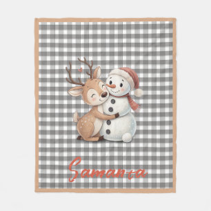 Tartan plaid reindeer snowman grey white name fleece blanket