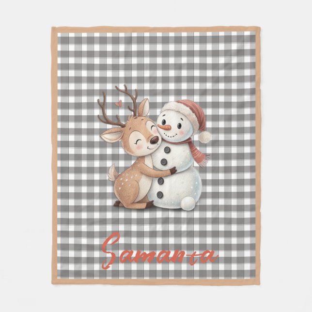 Tartan plaid reindeer snowman grey white name fleece blanket (Front)