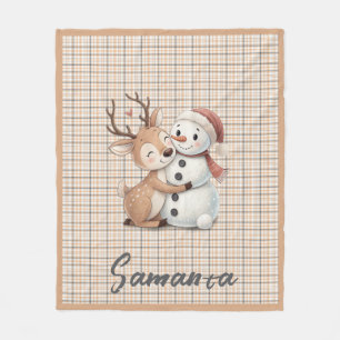 Tartan plaid reindeer snowman orange beige name fleece blanket