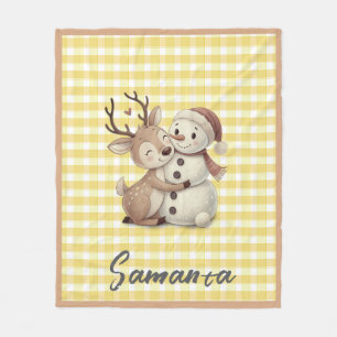 Tartan plaid reindeer snowman yellow beige name fleece blanket