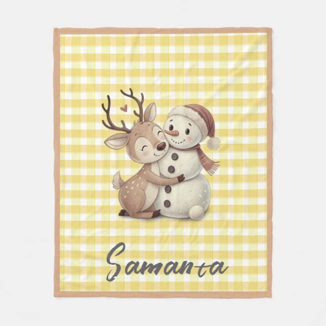 Tartan plaid reindeer snowman yellow beige name fleece blanket (Front)
