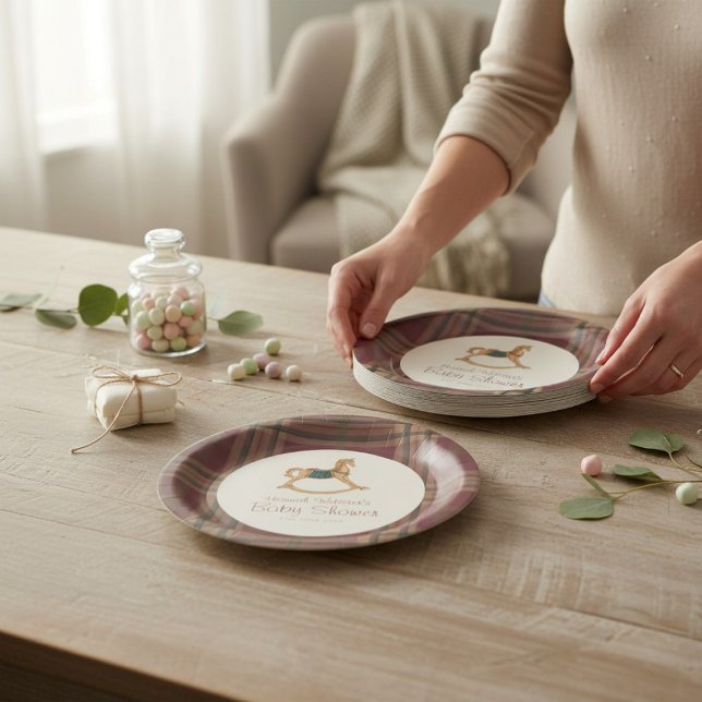 Tartan Plaid Rocking Horse Baby Shower Paper Plate (Creator Uploaded)