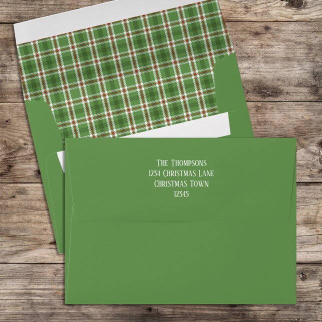 Tartan Plaid Rustic Country Green 5x7 Christmas Envelope (Green Holiday classic plaid pattern. )