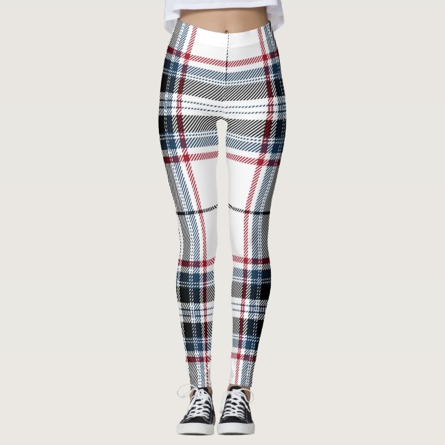Tartan Plaid Trendy Blue Red Black White Pattern Leggings (Front)