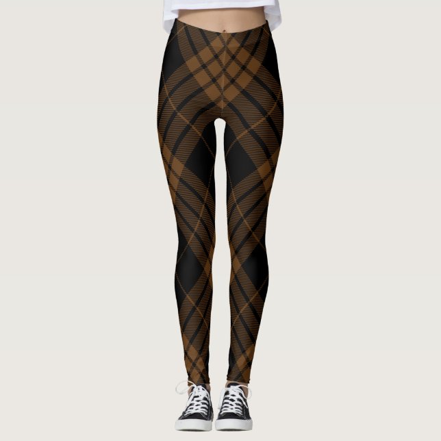 Tartan Plaid Trendy Diagonal Black Brown Leggings (Front)