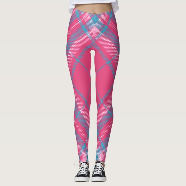 Tartan Plaid Trendy Diagonal Pink Blue White Leggings (Front)
