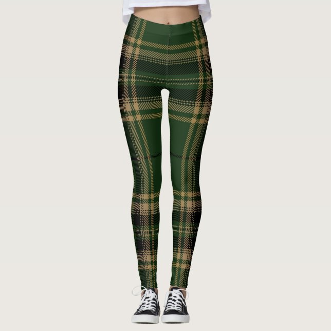 Tartan Plaid Trendy Green Black Brown Pattern Leggings (Front)