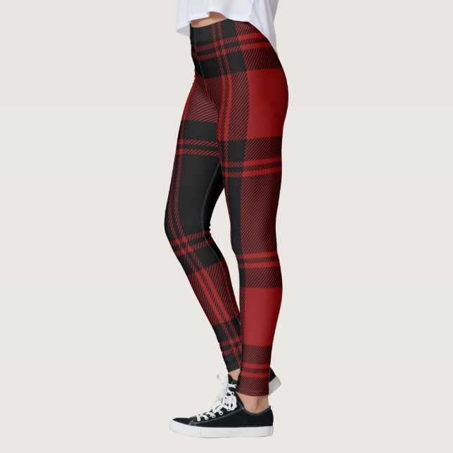 Tartan Plaid Trendy Scottish Black Red Leggings (Left)