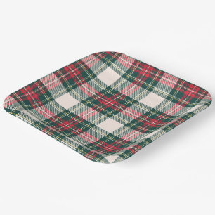 Tartan Plaid White Green Red Christmas Festive  Paper Plate