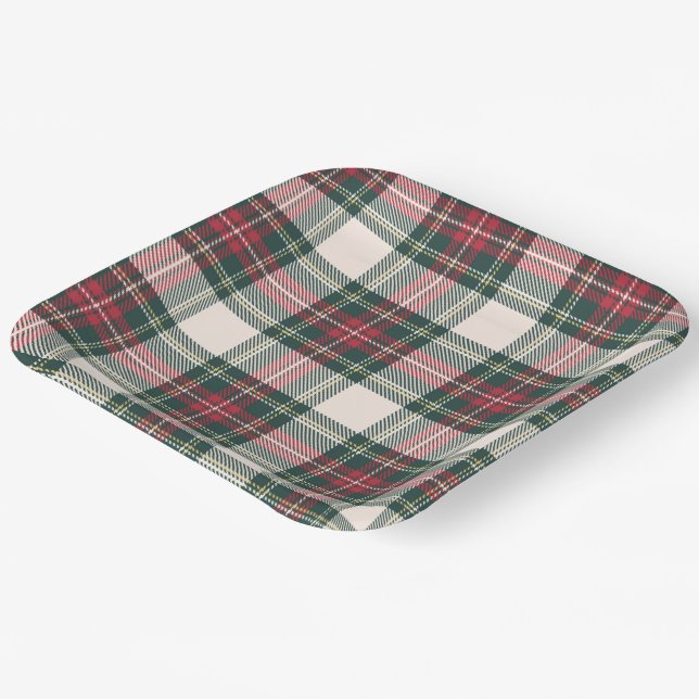 Tartan Plaid White Green Red Christmas Festive  Paper Plate (Angled)