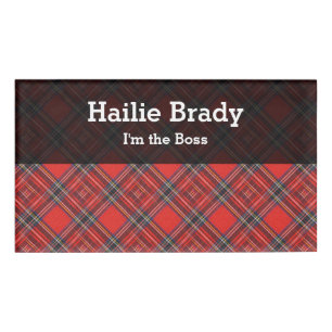Tartan plaids pattern royal red fabric name tag