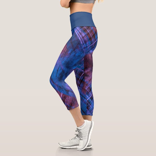 Tartan Purple Blue Burgundy Plaid Slate Blue band  Capri Leggings (Left)