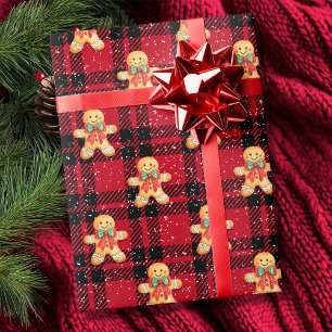 Tartan Red Black Gingerbread Snowfall Christmas Wrapping Paper