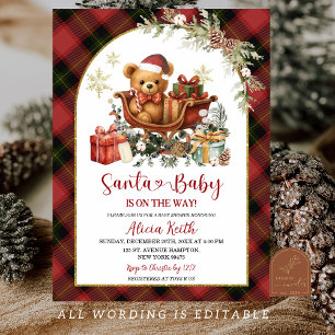 Tartan Red Christmas Santa Bear Baby Shower Invitation
