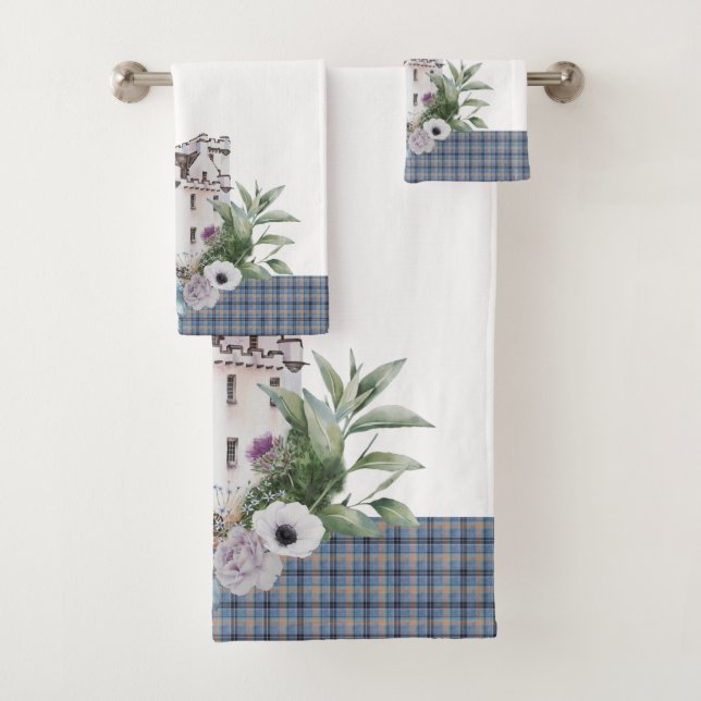 Tartan Scottish Castle With Birds and Flowers Bath Towel Set (Insitu)