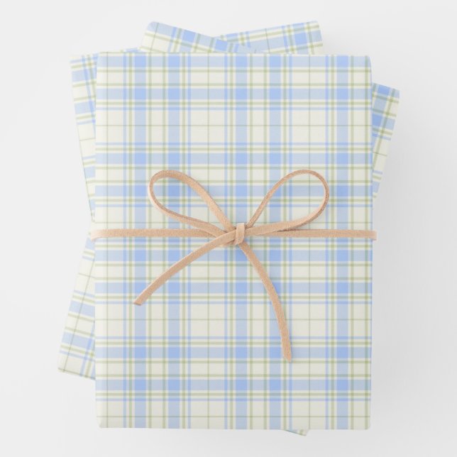 Tartan -Sky Blue-Sage Green-Extra Light Ivory Wrapping Paper Sheet (In situ)