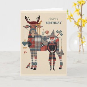 Tartan Stag Fox Folk Art Birthday Card