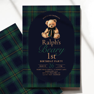 Tartan Teddy Bear 1st Birthday Invitation