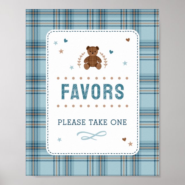 Tartan Teddy Bear, Baby Boy Shower FAVOR SIGN (Front)