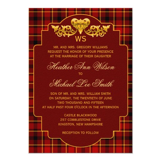 Tartan Wedding Red Black Gold Plaid Pattern Card