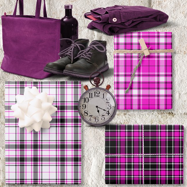 Tartan - White-Black-Hot Pink Different Wrapping Paper Sheet (Tartan - White-Black-Hot Pink Different Wrapping Paper Sheets by Leapfroglisics Shop)