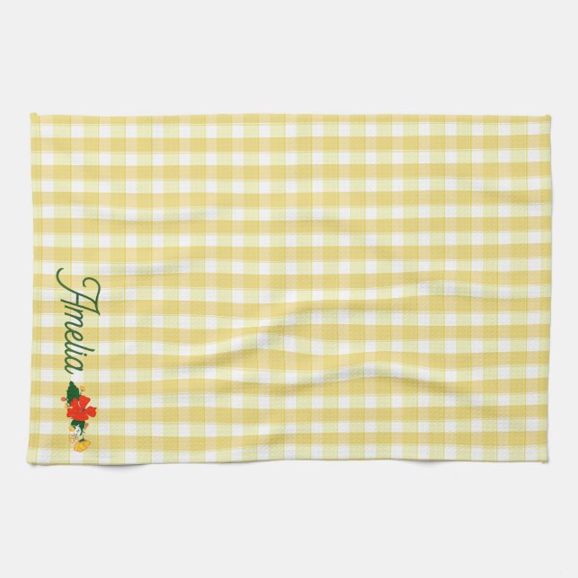 Tartan yellow simple wildflower pattern  name tea towel (Horizontal)