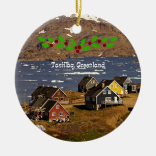 Tasiilaq, Greenland photo with Christmas holly Ceramic Tree Decoration
