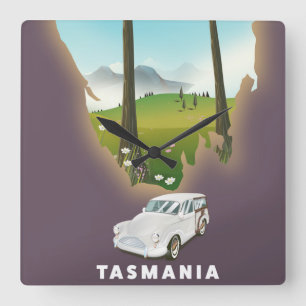 Tasmania illustrated map travel poster. square wall clock