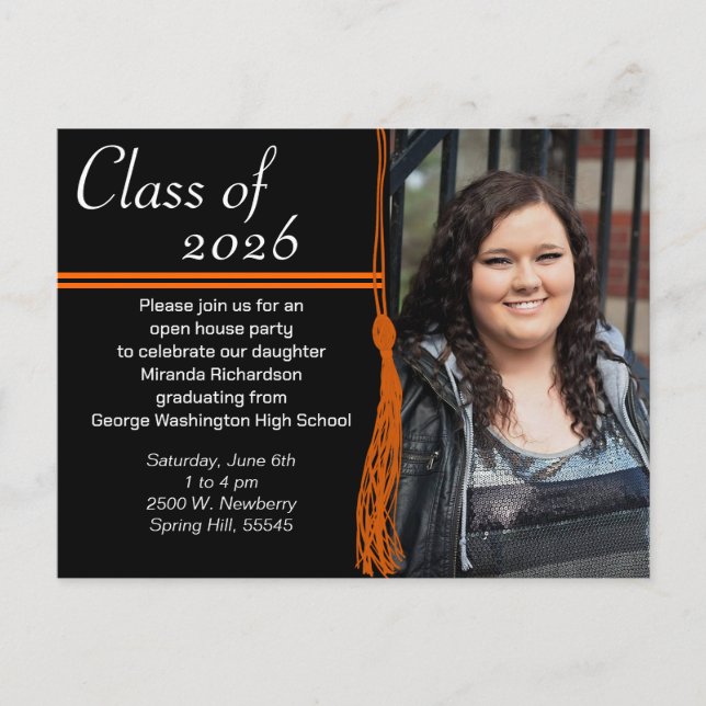 Tassel Orange & Black Graduation Party Invitation Postcard (Front)