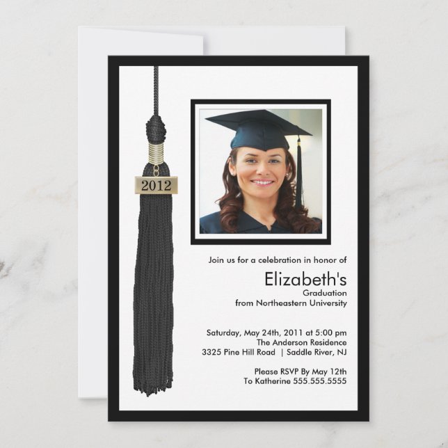 Tassel Photo Graduation Invitation Black & White (Front)