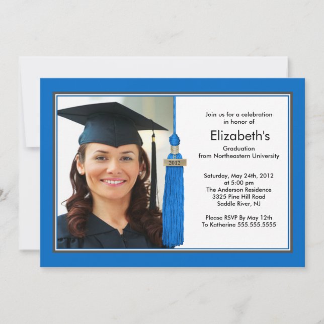Tassel Photo Graduation Invitation Blue & White (Front)