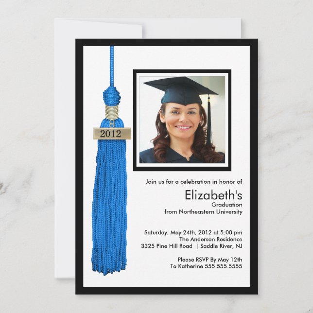 Tassel Photo Graduation Invitation Blue & White (Front)