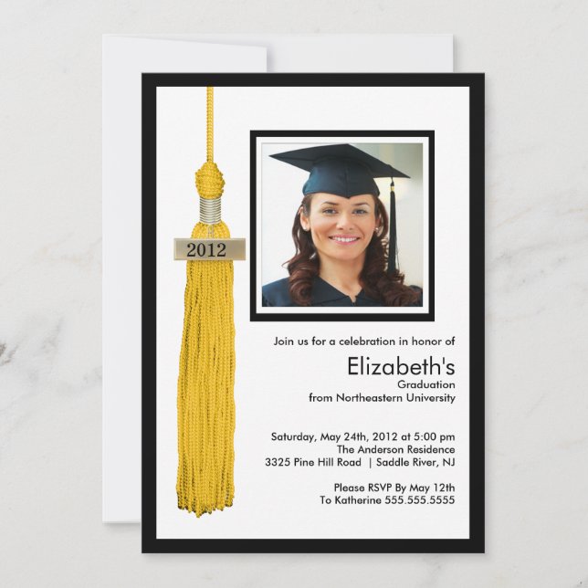 Tassel Photo Graduation Invitation Gold & White (Front)