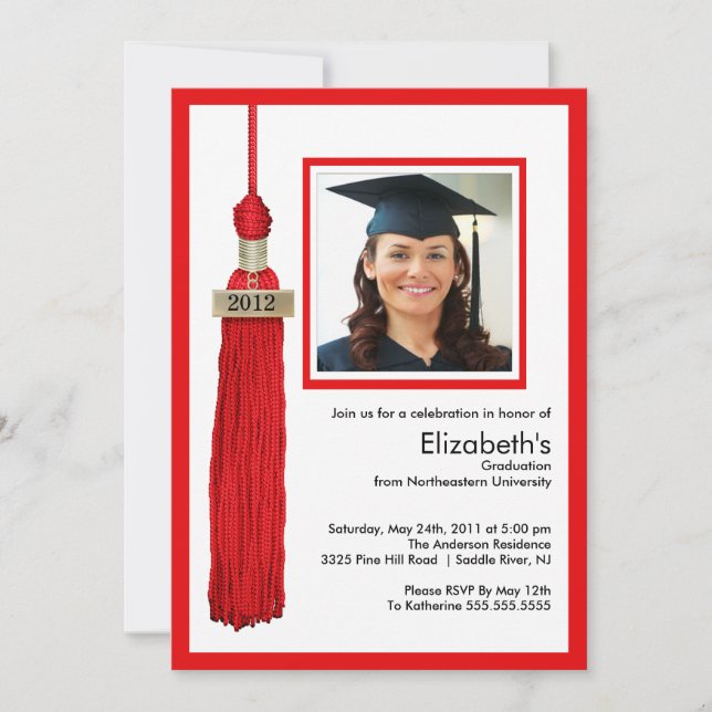 Tassel Photo Graduation Invitation Red & White (Front)