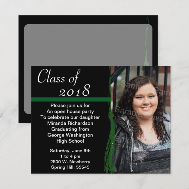 Tassel Photo Graduation Party Green and Black Invitation (Front/Back)